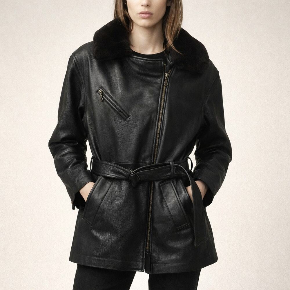 Wilsons Leather belted jacket Vintage Faux Fur collar size L Removable Liner